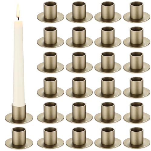 FoldTier 24 Pcs Bronze Taper Candle Holders Bulk for Pillar Candles Wedding Metal Short Candlestick Holder Bronze Centerpieces Decoration for Wedding Anniversary Dinner Party - color: Bronze
