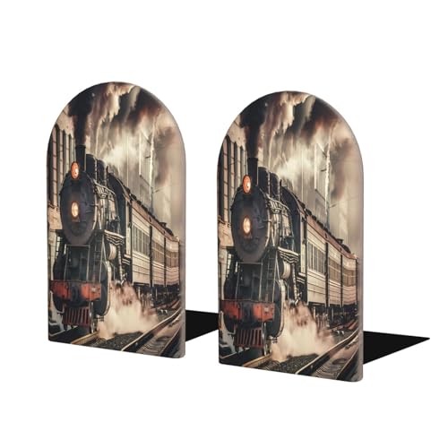 Decorative Bookends 2 Pcs Retro Black Steam Train Wood Bookends for Shelves Heavy Books Kids Non-Skid Book Ends Stoppers for Office Desk Kitchen School - color: Retro Black Steam Train