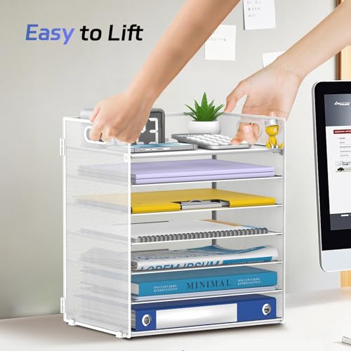 7 Tier Paper Organizer - Mesh Desktop File Holder with Handles for Office School Desk, Black (White) - color: White