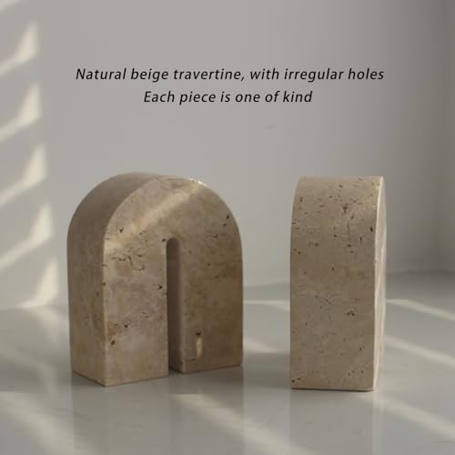 Set of 2 Natural Travertine Bookends for Shelves, Decorative Book Ends for Heavy Books, Solid Heavy Duty Book Stopper Office Bookshelf Decor for CDs/Video Games