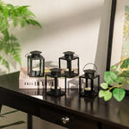Small Candle Lanterns Decorative Outdoor: 4 Pcs Black Hanging Tea Lights Candle Holder for Table Centerpiece Fireplace Wedding Christmas 3.9" Glass Farmhouse Decor