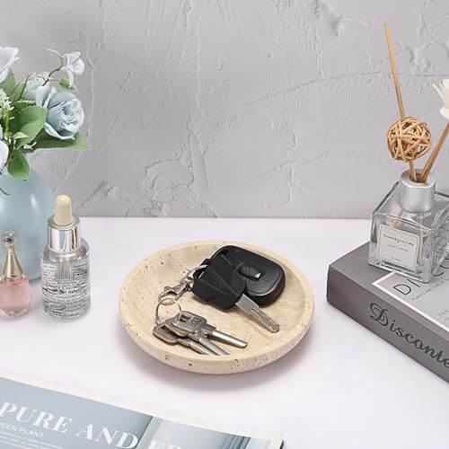 Hipiwe Small Key Bowl for Entryway, 5.5" Round Decorative Ring Holder Dish Natural Travertine Stone Trinket Tray Jewelry Dish Plate Candle Tray for Earring Necklaces Home Decor - color: Beige, size: 5.5"