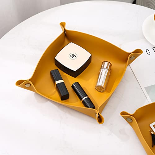 Valet Tray, Leather Tray, Small Catchall Tray, Foldable Jewelry Travel Organizer, Suitable for Travel, Storage, Nightstand, Home or Office (Yellow-S) - color: Yellow