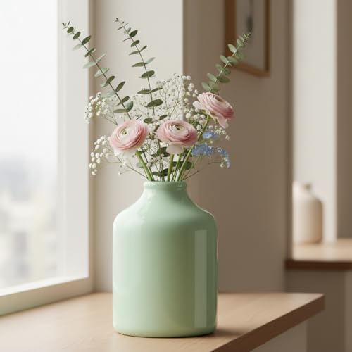 Sunddo Green Ceramic Vase for Home Decor, 7 Inch Modern Decorative Vases, Minimalist Flower Vase for Living Room, Bookshelf, Bedside Table Decor, Nightstand, Wedding Table Decoration - color: Light Green, size: 7 inch