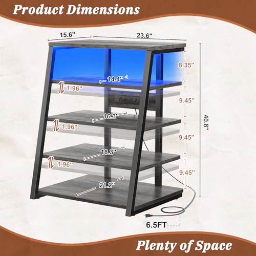 Armocity 5-Tier AV Media Stand with Power Strips, Media Console with LED Lights, Audio Tower Rack with Adjustable Shelves, Stereo Stands and Racks, 40.8'', Grey Oak - color: Grey Oak, size: 40" (H)