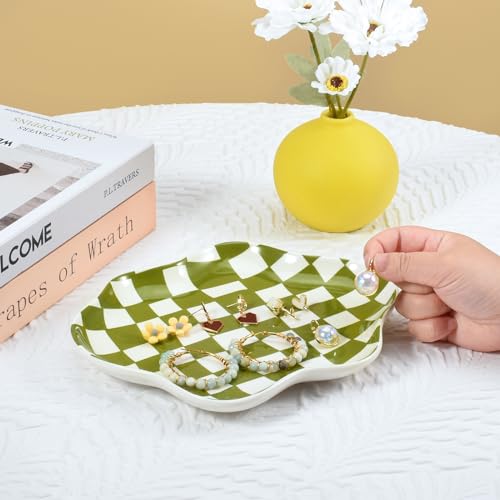 Koythin Jewelry Tray, Ceramic Jewelry Dish Trinket Tray Organizer, Checkered Pattern Aesthetic Decorative for Kitchen, Bathroom (Green Plaid) - color: Green Plaid