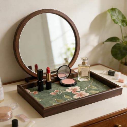 Wooden Valet Tray with Floral Base, EDC Catch All Tray Nightstand Entryway Table Vanity Organizer 11.8x7.9, Green Vintage Blossoms - color: Green Blossoms