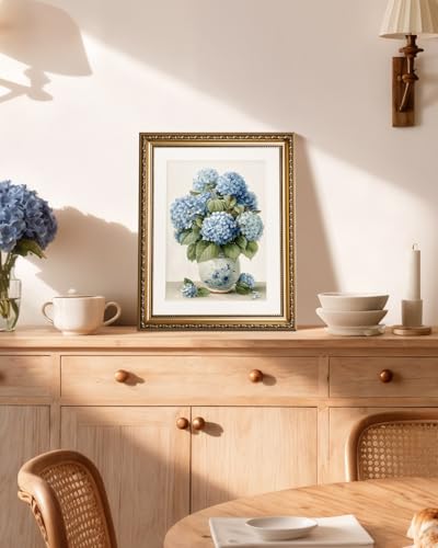 Vintage Blue Hydrangea Wall Art 13x16 Inch Botanical Print, Embossed Gold Framed Traditional Floral Canvas Painting, Classic Flower Vase Artwork Living Room Bedroom Dining Room Entryway Décor - color: Hydrangea, size: 16"L x 13"W