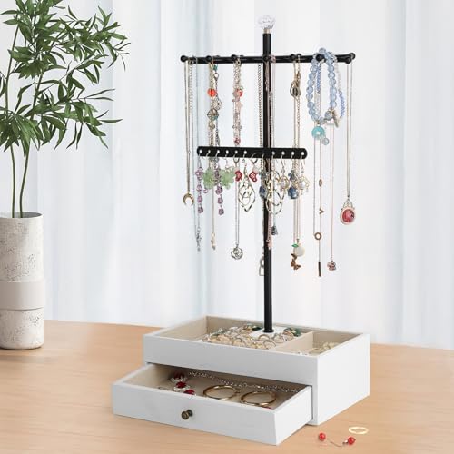 Meangood Jewelry Organizer Stand, 3-Tier Necklace Holder Jewelry Tree with Wooden Storage Drawer Box for Necklace Bracelet Earring Ring,White - color: Light White