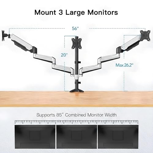 HUANUO Gaming Triple Monitor Stand, Full Motion Articulating Triple Monitor Mount Fit 17 to 32 inch Flat/Curved LCD Computer Screens with Clamp, Grommet Kit, Silver - color: Silver