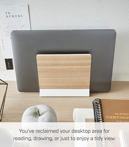 YAMAZAKI Home Rin Portable Laptop Holder Stand for Desk in Bedroom Or Office, Wooden Storage Station - Steel + Wood - color: Walnut