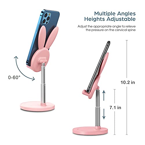OATSBASF Cute Bunny Phone Stand, Adjustable Pink Cell Phone Holder for Desk, Weighted Base Kawaii Desk Accessories, Aesthetic Room Decor Gift for Women/Girls/Kids, Compatible with All Phones - color: Pink