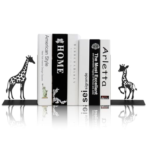 1 Pair Giraffe Bookends for Shelves,3D Foldable Giraffe Book Ends Decorative Bookends Organizer Metal Book Stands Journal Book Holder Book Stoppers for Women Girls Kids Gift Home School Library Decor