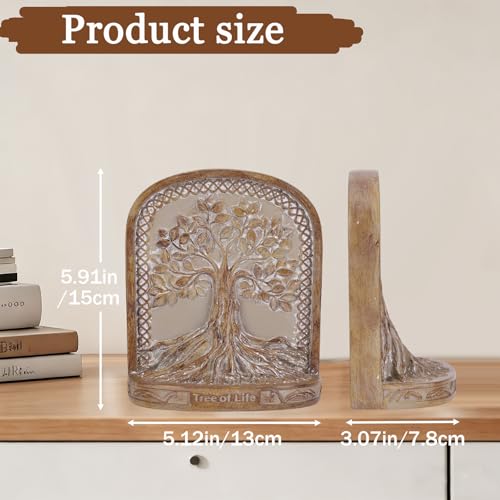 Tree of Life Bookends, Wood Color 2 Non-Skid Heavy Decorative Bookends for Shelves Or Bookcase, Elegant Bookends for Library Office Decor, Home Décor Gift - color: Wood Color