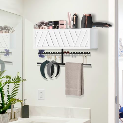 Rustic Hair Dryer Holder Wall Mounted,Hair Styling Tools & Accessories Organizer,Bathroom Supplies & hot Tools vanities Organizer Caddy,for Storage Flat Iron,Blow Dryer,Curling Iron,Towel - color: White.a