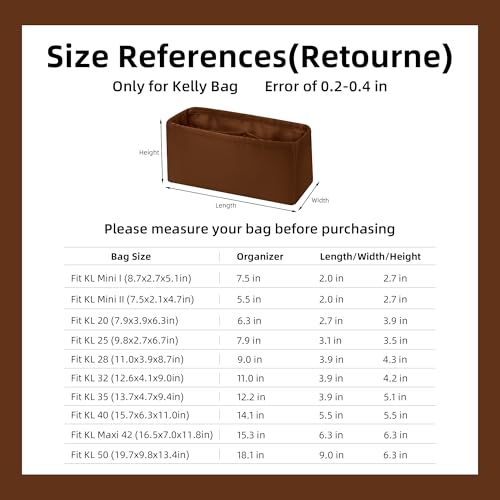 DGAZ Purse Bag Organizer Insert, Silk, Luxury Handbag Tote in Bag Shapers, Fits Kelly mini I/mini II /20/25/28/32/35/40 Bags (Gold, KL25) - color: Gold, size: KL25