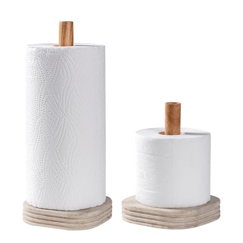 Natural Travertine Textures Standing Paper Towel Holder for Kitchen Countertop, Bathroom Toliet Paper Roll Holder with Weighted Base and Sturdy Wood Stand,for Standard or Plus Rolls, Height-Adjustable - color: Yellow Stone