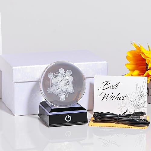 Qianwei 3D Metatron's Cube Crystal Ball with LED Colorful Lighting Touch Base - Flower of Life Night Light - Grid Sacred Geometry Sphere for Meditation Decor Spiritual Decor - style: Metatron's Cube
