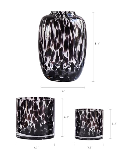 CONVIVA Glass Vase and Candle Holder Set, 3-Piece,Modern Fall Decor Table Centerpiece Thanksgiving Christmas Day Gift Idea,Flower Vase Black Tortoise Pattern
