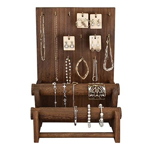 Ikee Design 18 Hooks and 2 Removable Bars Wood Jewelry Holder Organizer Stand, Earring Bracelet Jewelry Display Stand Organizer, Necklace Bracelet Holder, Brown Color - color: 5) Brown, 2 Bars, 18 Hooks