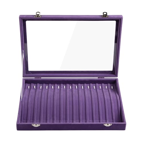 Frebeauty 15 Hooks Necklace Tray Velvet Neckalce Organizer with Clear Lid Lockable Necklace Holder Box Jewelry Organizer for Pendants Chains Necklace Jeweley Tray for Women (Purple) - color: Purple