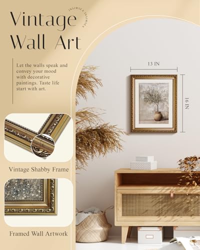InSimSea Gold Picture Framed Wall Art, Living Room Vintage Olive Tree in Vessel Wall Decor, Still Life Botanical Canvas Print Art, Home Farmhouse Decor, Antique Paintings with Frame 13x16inch - color: Olive Tree, size: 16"L x 13"W