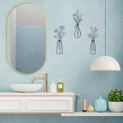Pigort 3 Pieces Metal Flowers Wall Arts - Rustic Farmhouse Decor Purple Minimalist Flower Wall Decors for Living room Bathroom Bedroom Dining Room-Housewarming Gifts(Purple, Vase-C) - color: Purple