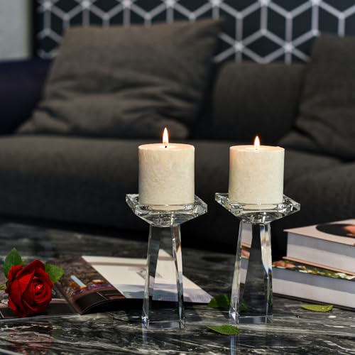 Crystal Taper/Pillar Candle Holders Set of 2, Heavy Solid Hand Cut Candle Stands Set, 6.3 Inches Height, Table Centerpiece Home Decor for Wedding, Dining, Party, Clear