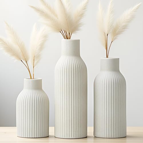 Modern Ceramic Vases Set of 3, Beige Ribbed Decorative Vases, Table Centerpiece for Home Decor (Beige) - color: Beige