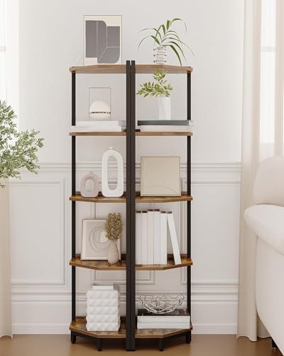 Hzuaneri Corner Shelf Stand, Corner Bookshelf, Storage Standing Shelf Unit with Metal Frame, Plant Stand, Bookcase for Living Room, Home Office, Bedroom, 5-Tier Rustic Brown CS05901B - color: Rustic Brown, size: 5 Tier
