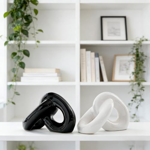 2pcs Ceramic Chain Link Knot Paperweight Figurine and Statue, Coffee Table Decor,Farmhouse Decoration for Home,Boho Ornament for Shelf Decorations,Bookshelf Decorative Objects