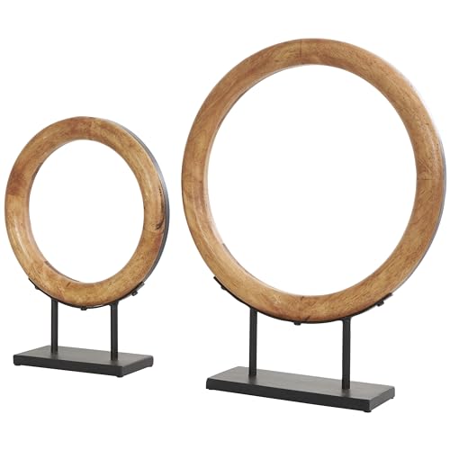 Deco 79 Wood Geometric Decorative Sculpture Circular Ring Home Decor Statues with Black Metal Stands, Set of 2 Accent Figurines 20", 16"H, Brown