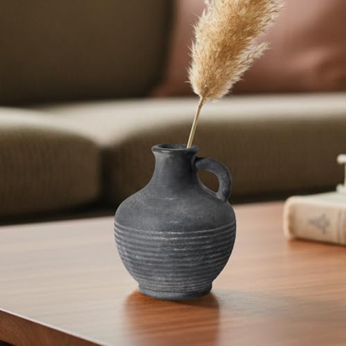 Black Ceramic Vase, Rustic Farmhouse Vase with Handle, 6 inch Terracotta Clay Small Vases, Centerpieces for Dining Table, Living Room, Bedroom, Entryway, Shelf Decor - color: Rustic Black - 6, size: 6 Inch