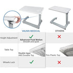 Vaunn Medical Pneumatic Adjustable Overbed Exam Bedside Table with Wheels (Hospital and Home Use), New Tabletop, Light Gray