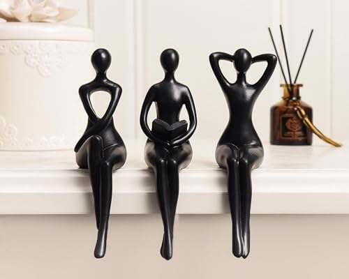 Quoowiit Black Thinker Statue Book Shelf Decor, Minimalist Modern Home Decor Collectable Figurines Office Desk Unique Coffee Table Decorations for Living Room 3 Piece - color: Black