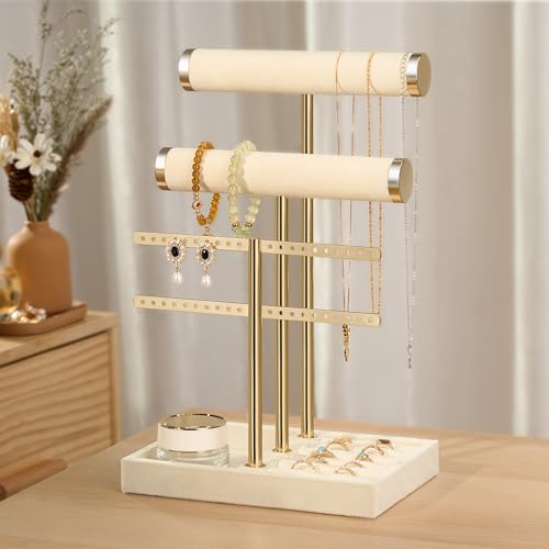 bussdis 3 Tier Bracelet Holder Display - Detachable T Bar Beige Velvet Bracelet Holder, Jewelry Holder Organizer for Bracelet, Necklace, Earrings, Rings - color: Beige, size: Standard