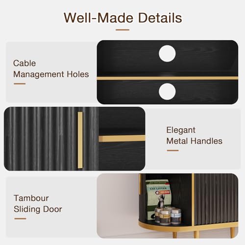 EROMMY 70" Fluted TV Stand, TV Entertainment Center with Storage for TVs Up to 80", Modern TV Console with Faux Marble Top, Curved Design, Tambour Sliding Doors (Black) - color: Black
