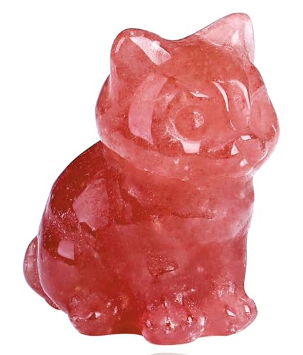 QINJIEJIE Strawberry Quartz Cat Crystals Figurines Carved Stone Healing Crystal Gemstone Sculpture Home Office Decoration Sitting Cat Statue Gifts for Women - color: R-strawberry Quartz, size: 1.5 inches