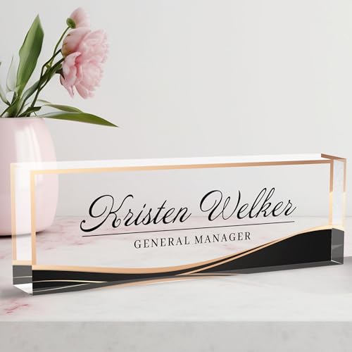Acrylic Personalized Name Plate - Desk Decor for Women & Men, Office Gifts for Boss, Manager, Teacher, Nurse - color: Black Gold Frame
