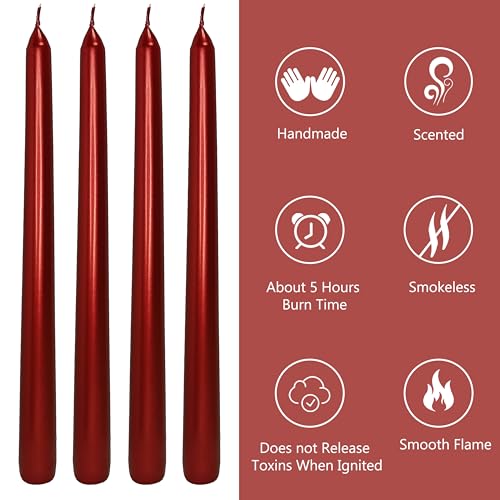 10 Inch Metal Taper Candles Handmade Smokeless Set of 4 – Unscented Tapered Candles in Red, Candle Sticks for Wedding, Home Decor, and Dinner Table - color: Red 4MT