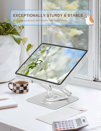 Aoviho Tablet Stand 360° Rotating Aluminum Holder, Adjustable, Portable and Foldable Monitors Stand for iPads, Compatible with 4-12.9" Tablets, Silver - color: Silver