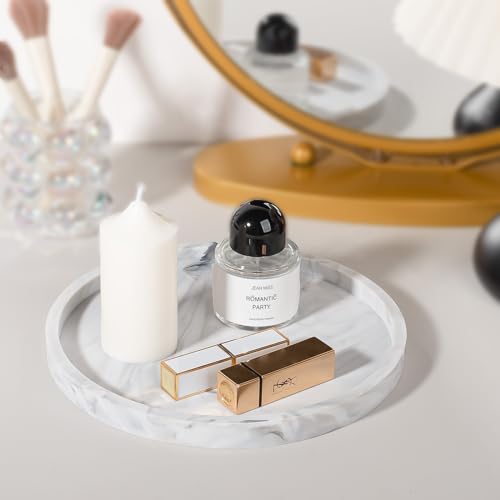 Silicone Bathroom Tray Round Vanity Tray Decorative Soap Holder Kitchen Countertop Organizer Coffee Table Decor for Candle, Perfume, Plant, 9 Inch, Marble Grey - color: Marble Grey, size: 9"