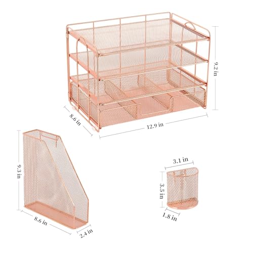 OPNICE Desk Organizer, 4-Tier Desktop File Organizer with Drawer and 2 Pen Holders, Office Desk Accessories, File Sorters, Workspace Organizers for Office Supplies(Rose Gold) - color: Rose Gold, size: 4-Tier