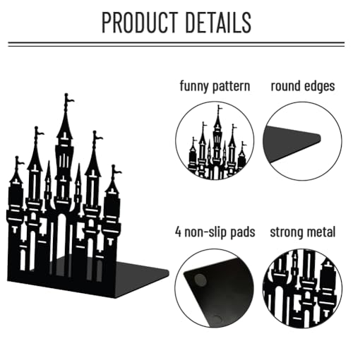 WADORN Magic Castle Metal Decorative Bookend for Shelves 1 Pair, Heavy Duty Book Ends Creative Non-Skid Books Holder Stand Black Book Support Stoppers for Desk Bookshelf Office Home, 5.3x4.3x7.9 Inch - color: Castle