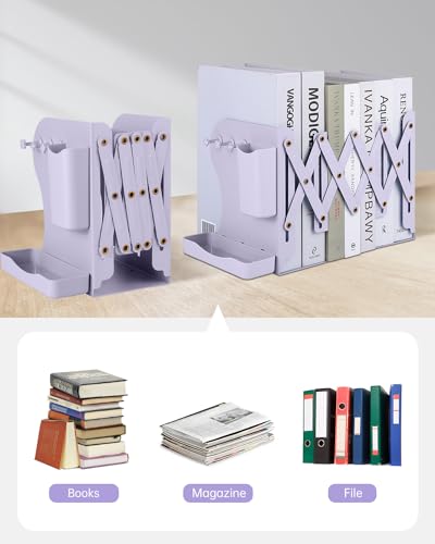 Honagu Adjustable Bookends, Metal Book Ends for Shelves Heavy Book, Bookend for Home, Office, Books, Papers, Book Stopper with Removable Hook, Pen Holder, Gifts for Students, Teachers（Light Purple） - color: Light Purple