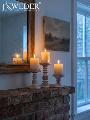 Wood Pillar Candle Holder: 3Pcs Rustic White Candle Holders for Pillar Candles Wood Candle Holders Distressed Wooden Farmhouse Candle Holder Large Rustic Candle Holder for Fireplace Table - color: Rustic White, size: 3.94", 5.9", 7.87"