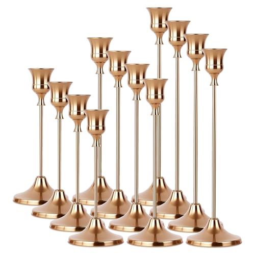 4 Sets(12 Pcs) French Gold Tapered Candle Holder,Candlestick Tall Metal Candlestick Holders for Table Centerpiece Home Decor for Wedding Fireplace Mantel Housewarming Gift Fits 3/4 Inch Thick Candles - color: French Gold