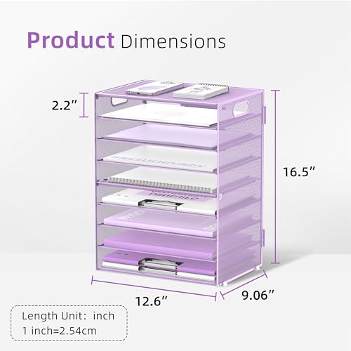DALTACK 9-Tier Paper Organizer for Desk, Mesh Letter Tray Desk Organizer with Handles, Space-Saving File Organizer for Office Home School, Purple - color: Desk Organizer Purple