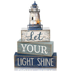 Lineshading 4 Pcs Beach Coastal Table Decor Wooden Lighthouse Decoration with Starfish Summer Tiered Tray Decor Blue and White Ocean Centerpieces Rustic Beach House Nautical Decorations for Home Shelf - style: Coastal