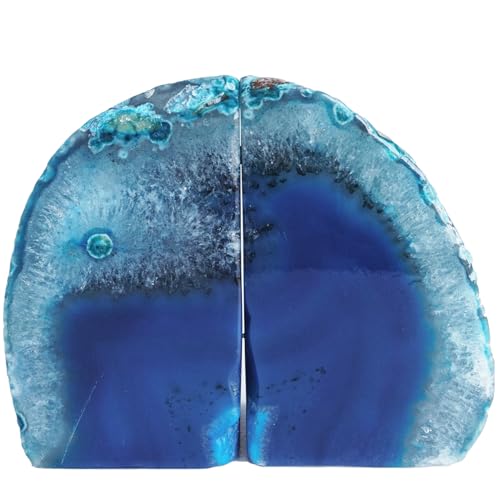 Natural Geode Bookends Pair - 3-4 lbs Heavy Duty Dyed Blue Agate, Non-Slip Crystal Bookends for Shelves | Vibrant Home Office Decor - color: Blue, size: 3-4LBS